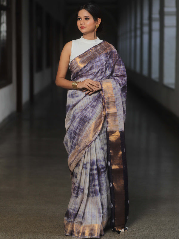 Bhagalpur Cotton Silk Ghichha Work Hand-Dyed Shibori Pattern Saree-White & Violet
