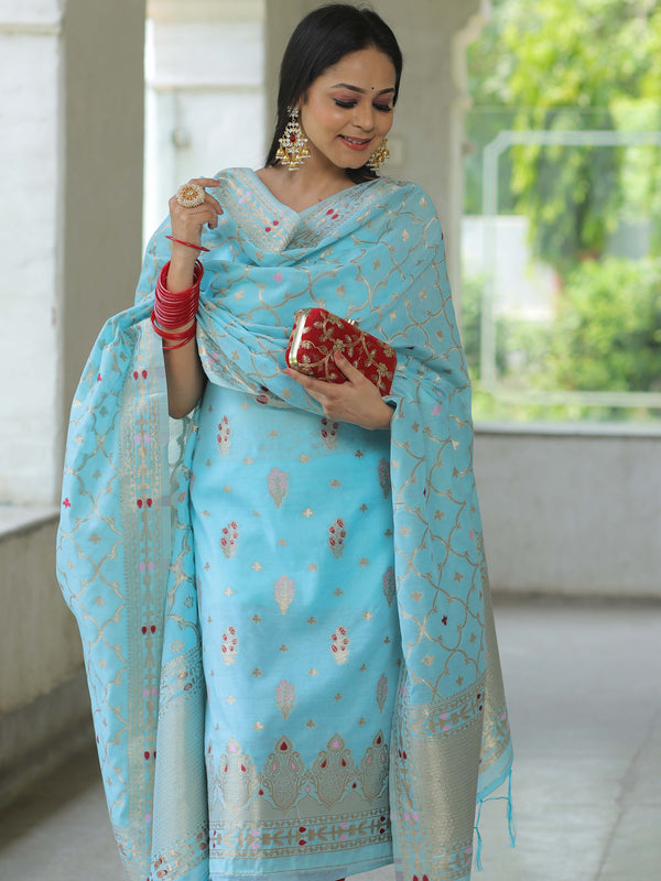 Banarasee Handloom Chanderi Salwar Kameez Fabric With Meena & Zari Design-Light Blue