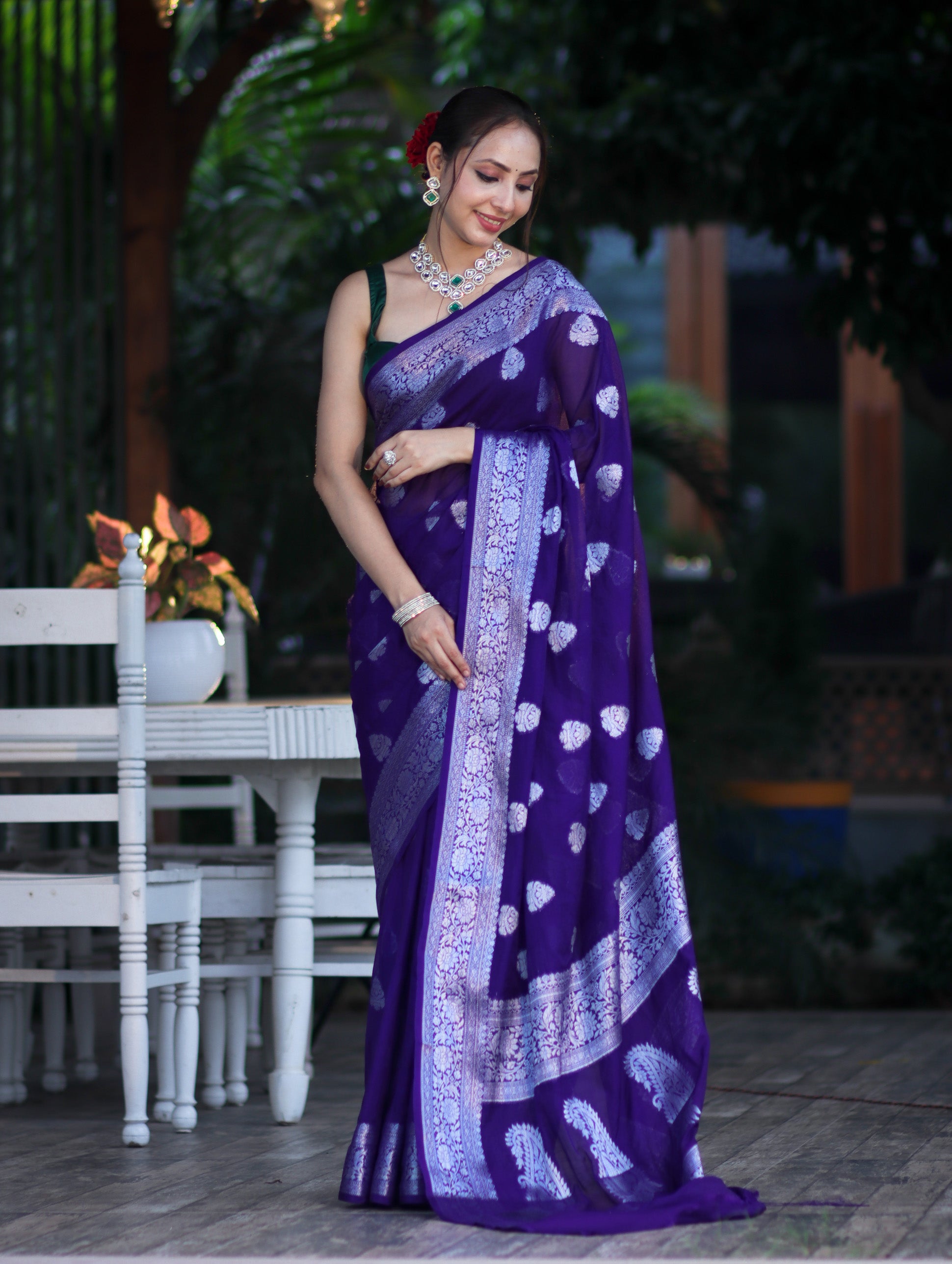 Banarasee Semi Chiffon Saree With Silver Zari Work & Contrast Blouse-Violet