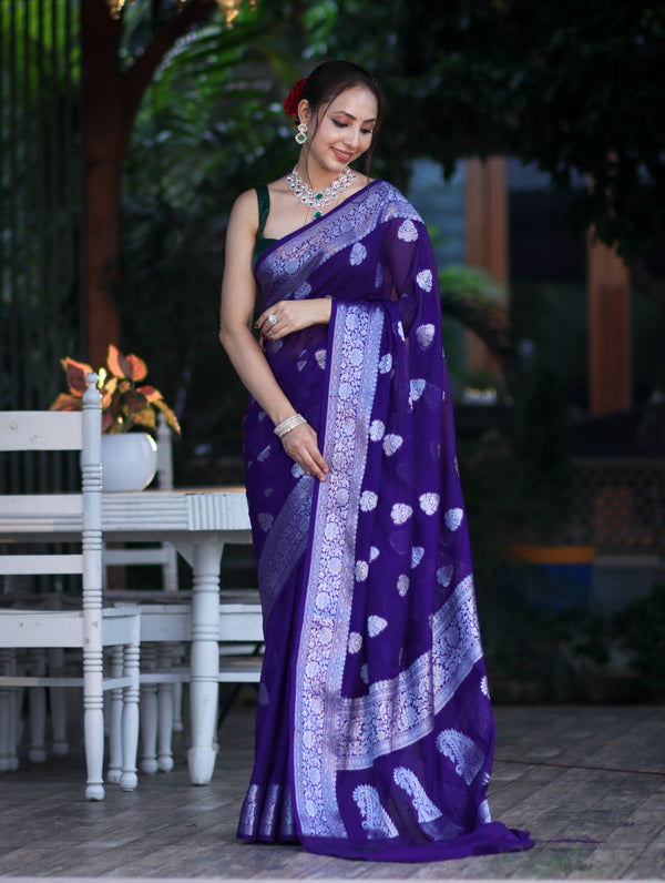 Banarasee Semi Chiffon Saree With Silver Zari Work & Contrast Blouse-Violet