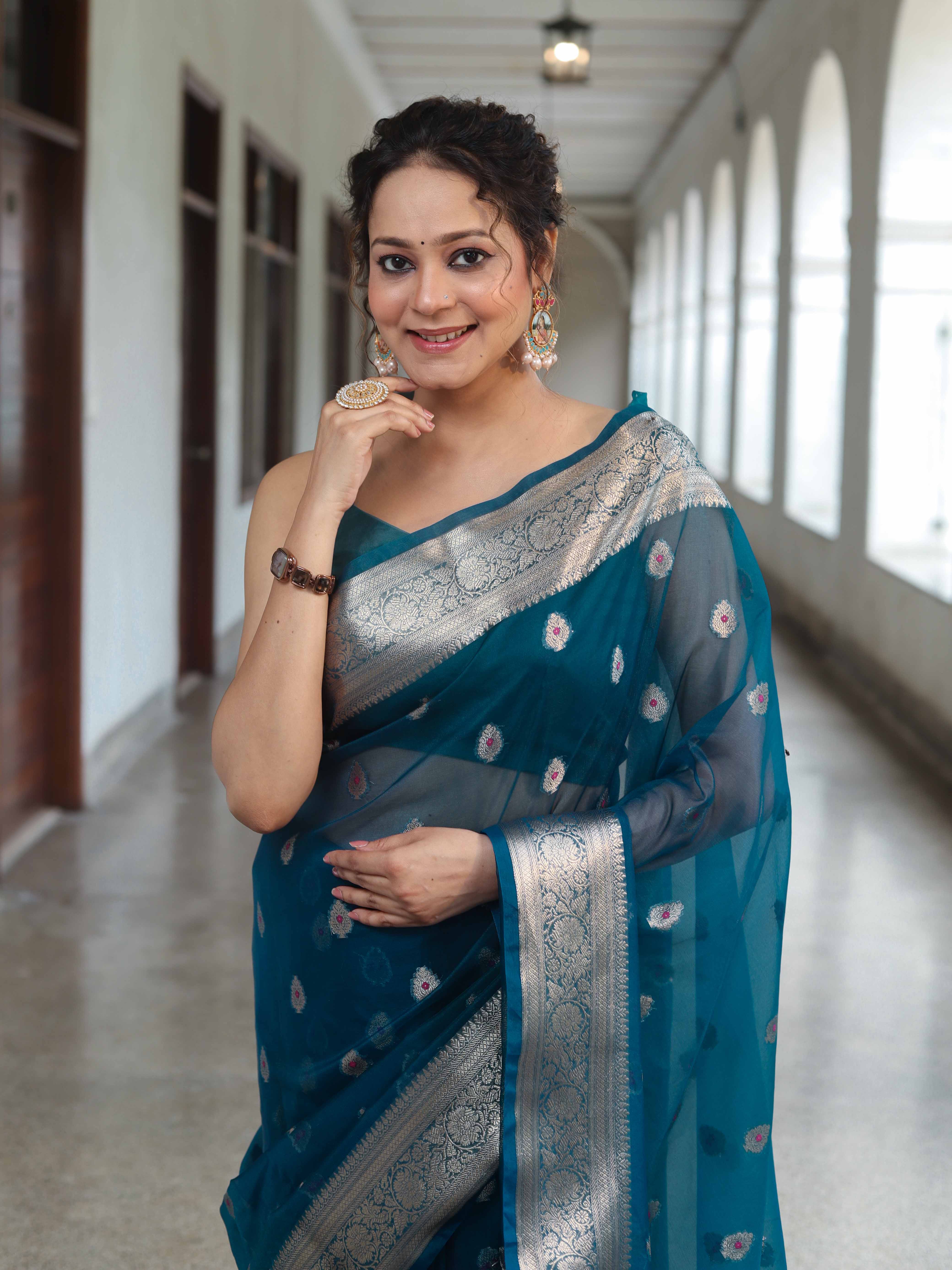 Banarasee Organza Mix Saree With Zari Buta Design & Floral Border-Cobalt Blue