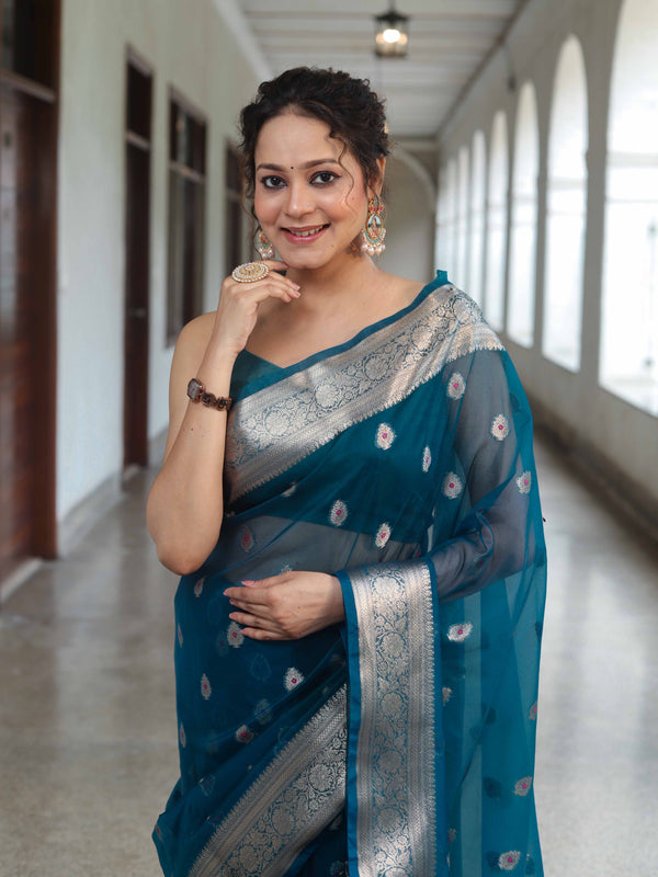Banarasee Organza Mix Saree With Zari Buta Design & Floral Border-Teal Blue