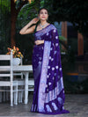 Banarasee Semi Chiffon Saree With Silver Zari Work & Contrast Blouse-Violet