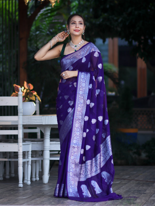 Banarasee Semi Chiffon Saree With Silver Zari Work & Contrast Blouse-Violet
