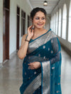 Banarasee Organza Mix Saree With Zari Buta Design & Floral Border-Cobalt Blue