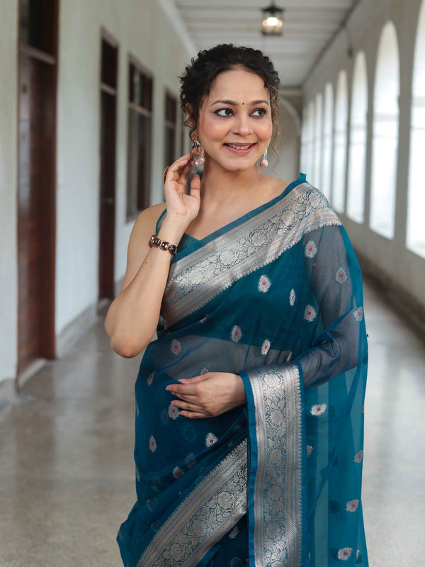 Banarasee Organza Mix Saree With Zari Buta Design & Floral Border-Cobalt Blue