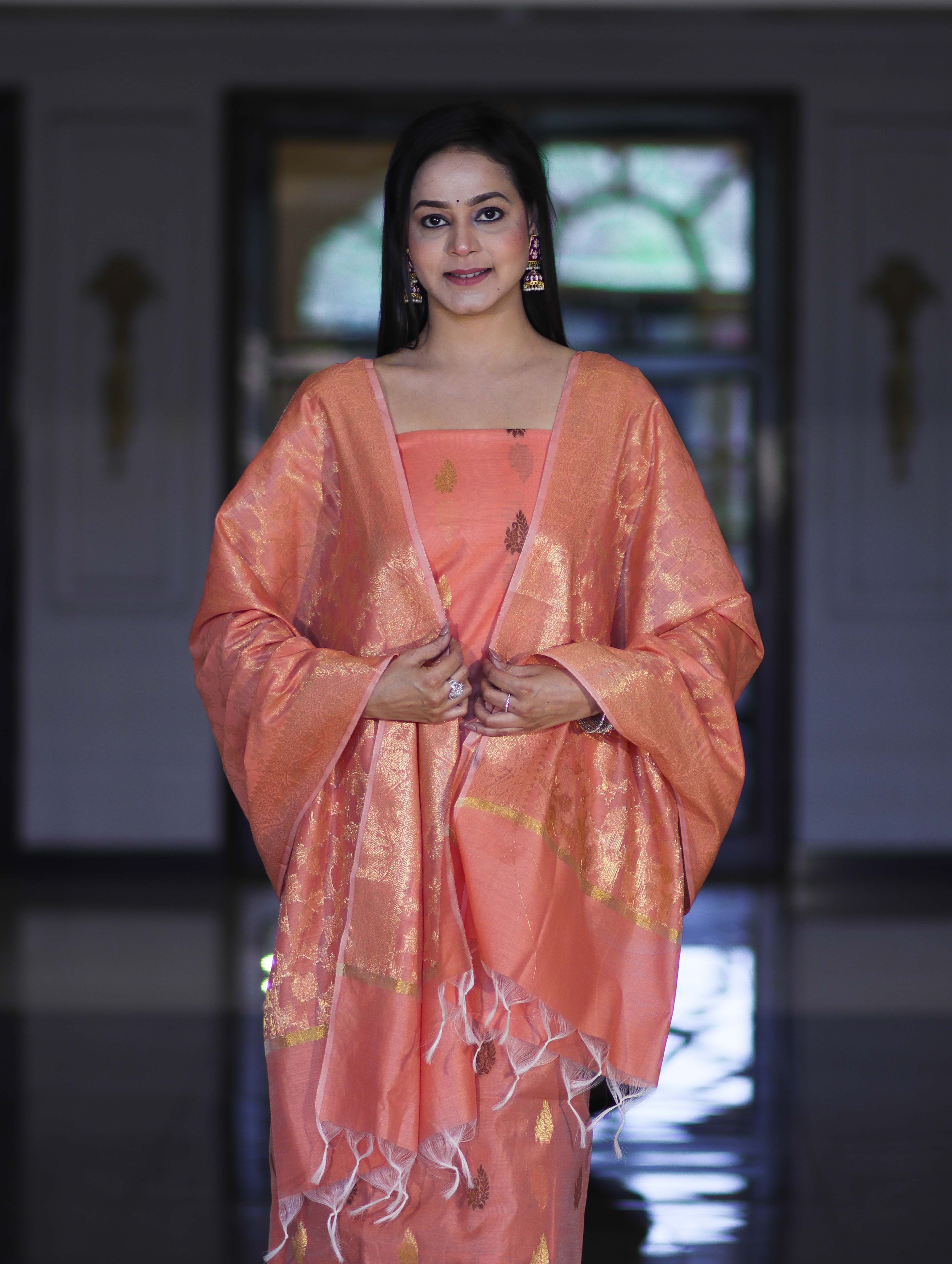 Banarasee Cotton Silk Salwar Kameez Fabric With Zari Jaal Design Dupatta Set-Peach