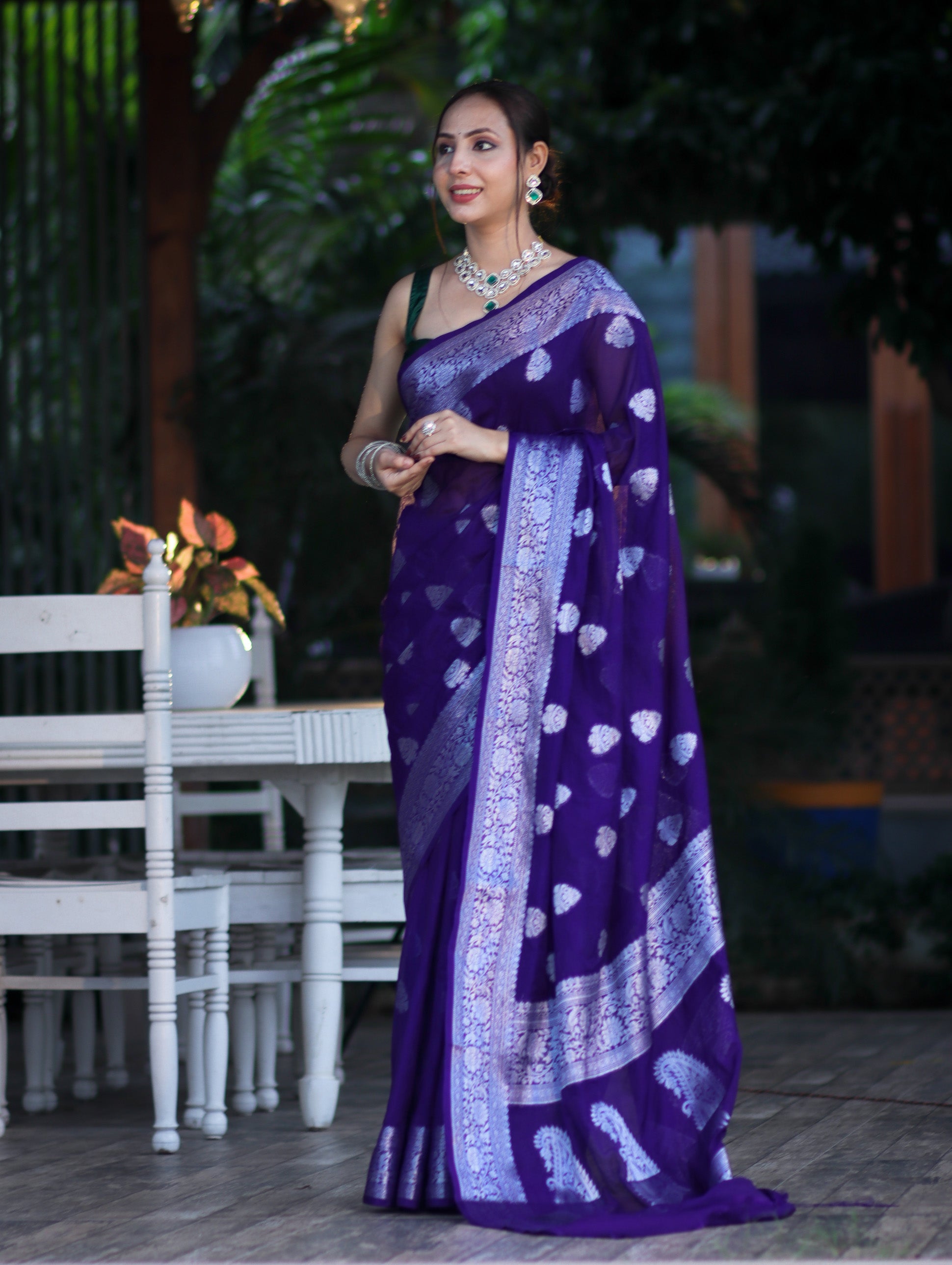 Banarasee Semi Chiffon Saree With Silver Zari Work & Contrast Blouse-Violet