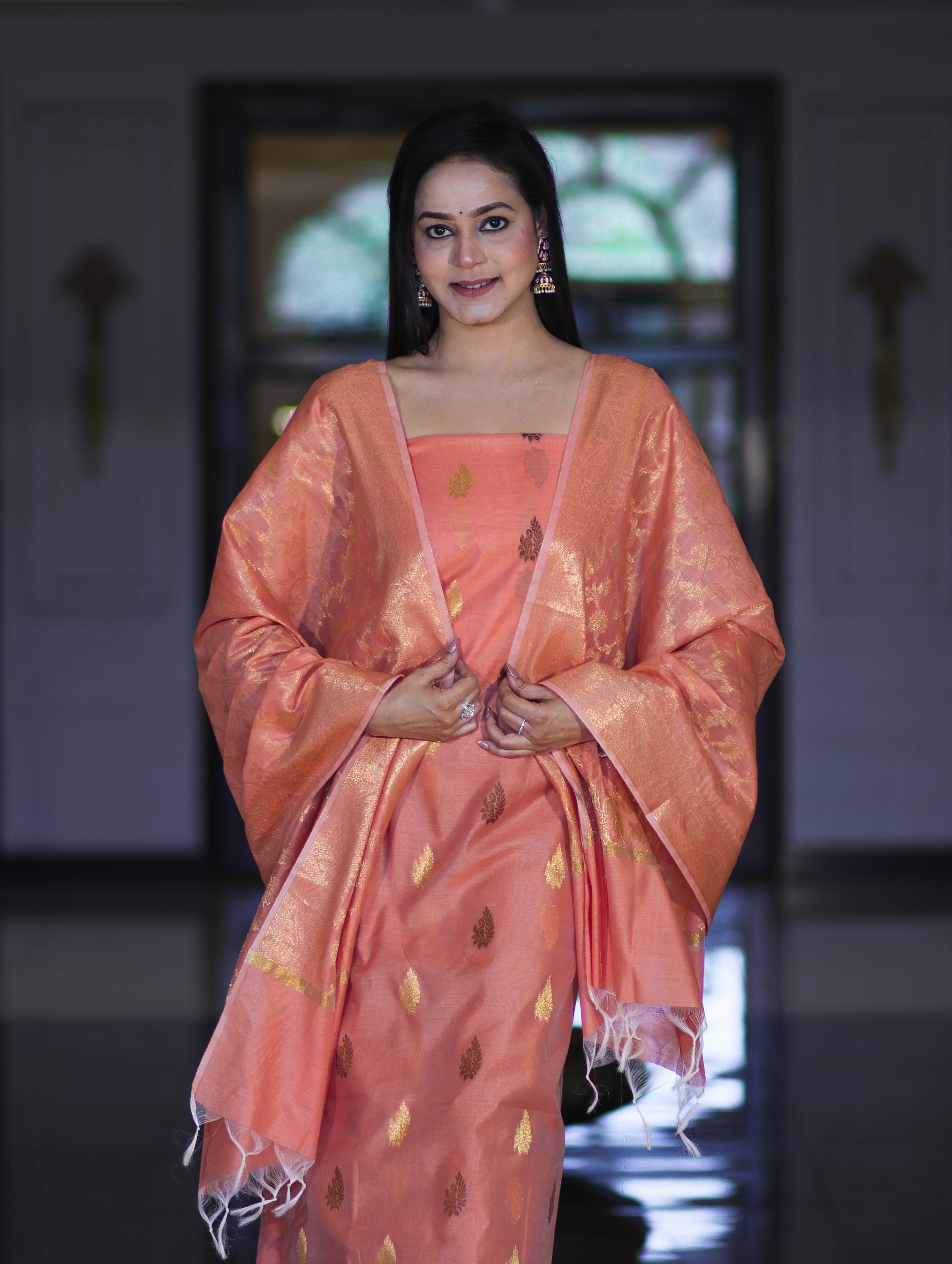 Banarasee Cotton Silk Salwar Kameez Fabric With Zari Jaal Design Dupatta Set-Peach