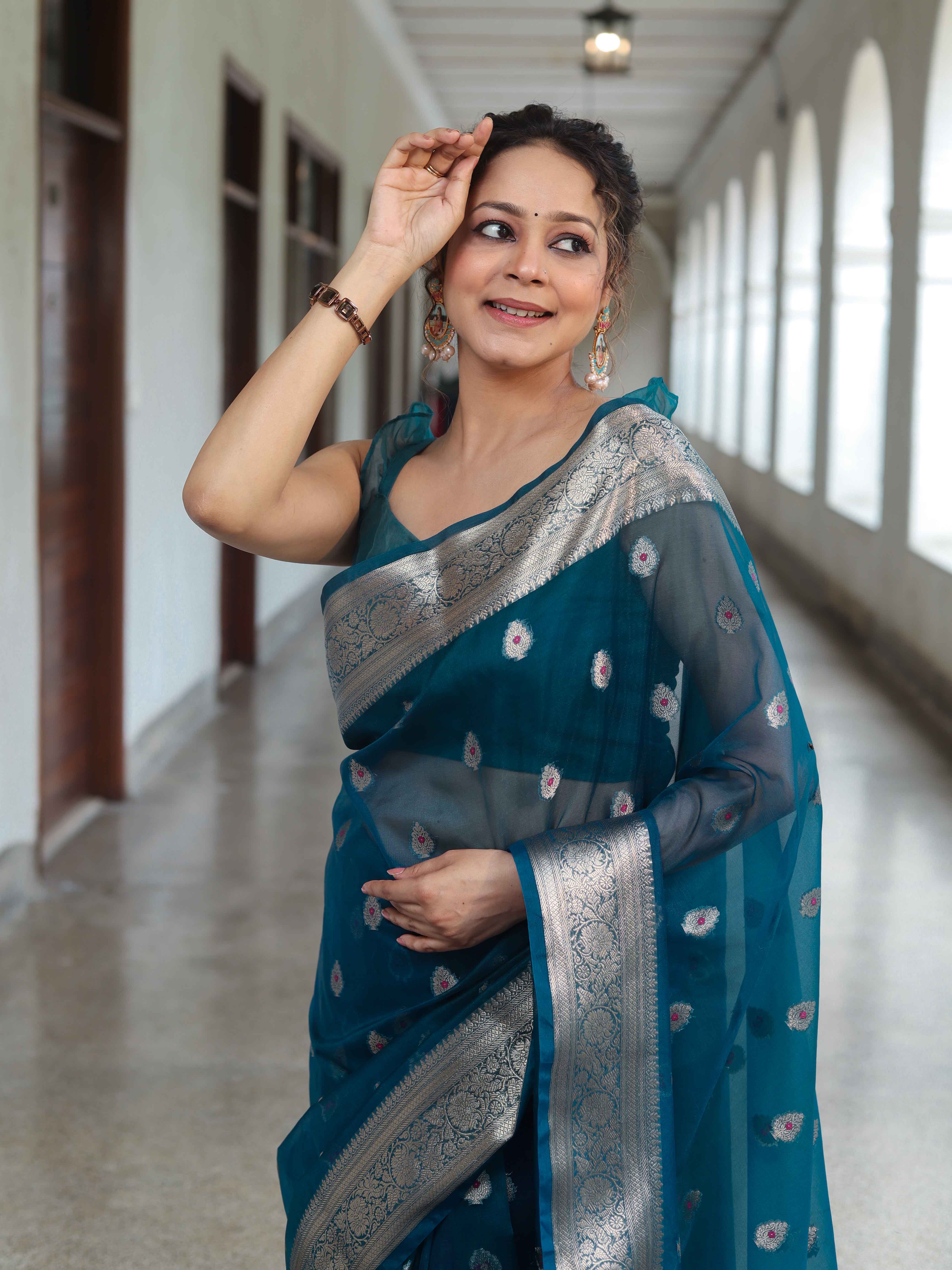 Banarasee Organza Mix Saree With Zari Buta Design & Floral Border-Cobalt Blue