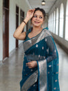 Banarasee Organza Mix Saree With Zari Buta Design & Floral Border-Cobalt Blue