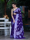 Banarasee Semi Chiffon Saree With Silver Zari Work & Contrast Blouse-Violet