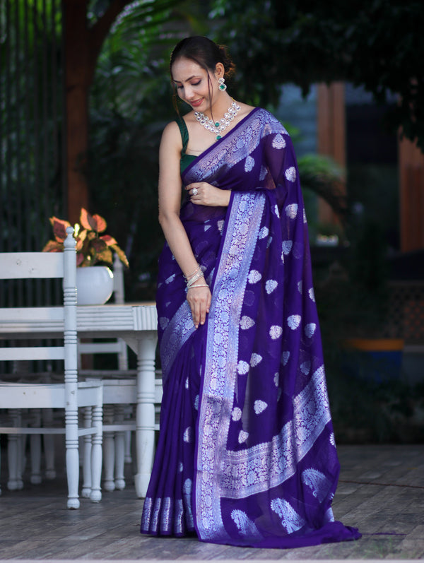 Banarasee Semi Chiffon Saree With Silver Zari Work & Contrast Blouse-Violet