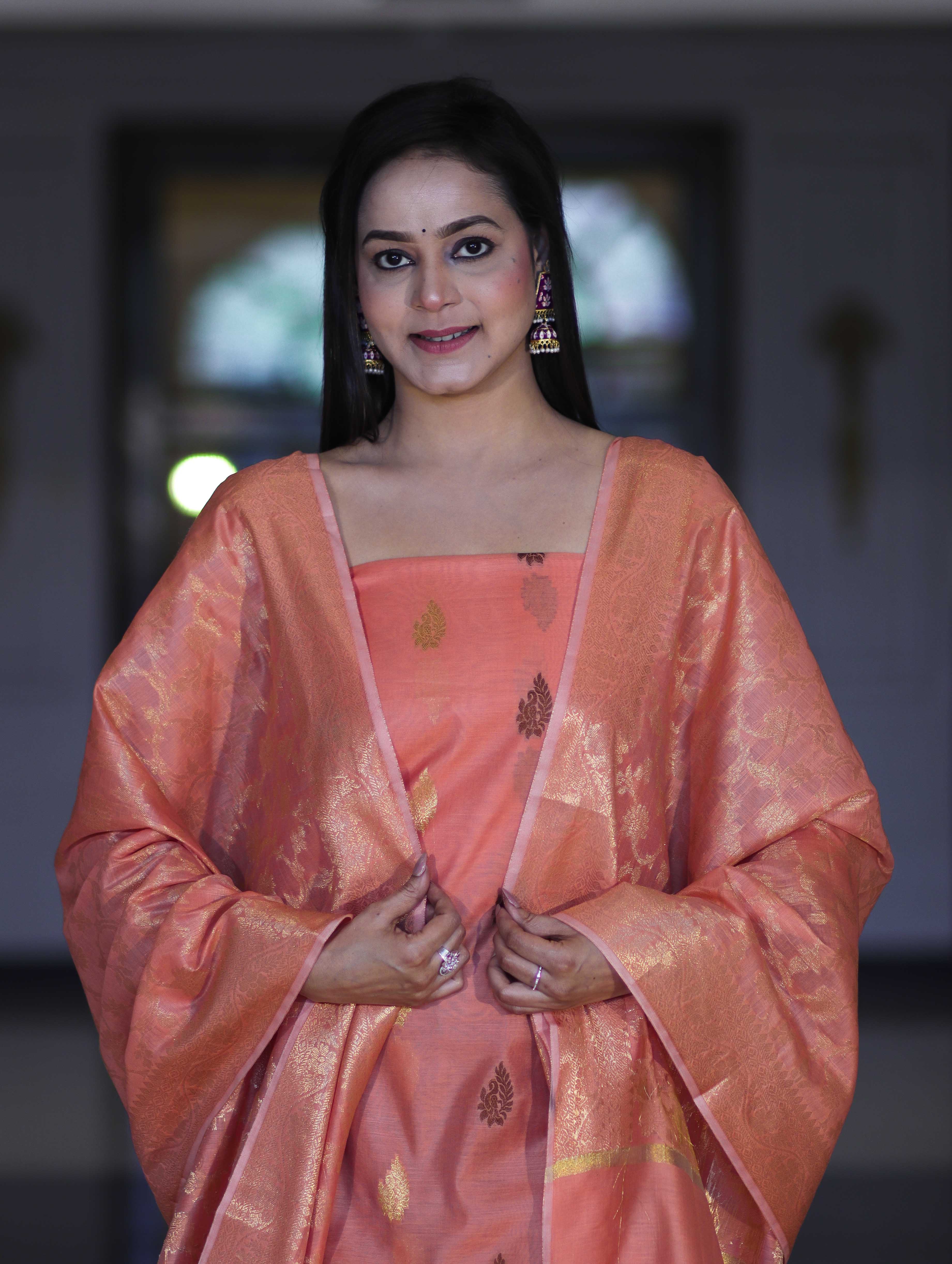 Banarasee Cotton Silk Salwar Kameez Fabric With Zari Jaal Design Dupatta Set-Peach