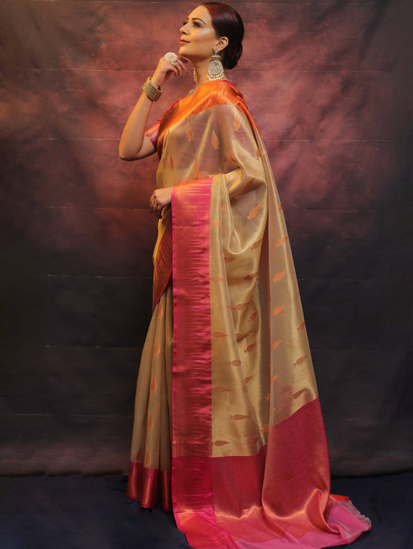 Banarasee Handwoven Broad Contrast Border Tissue Saree-Gold