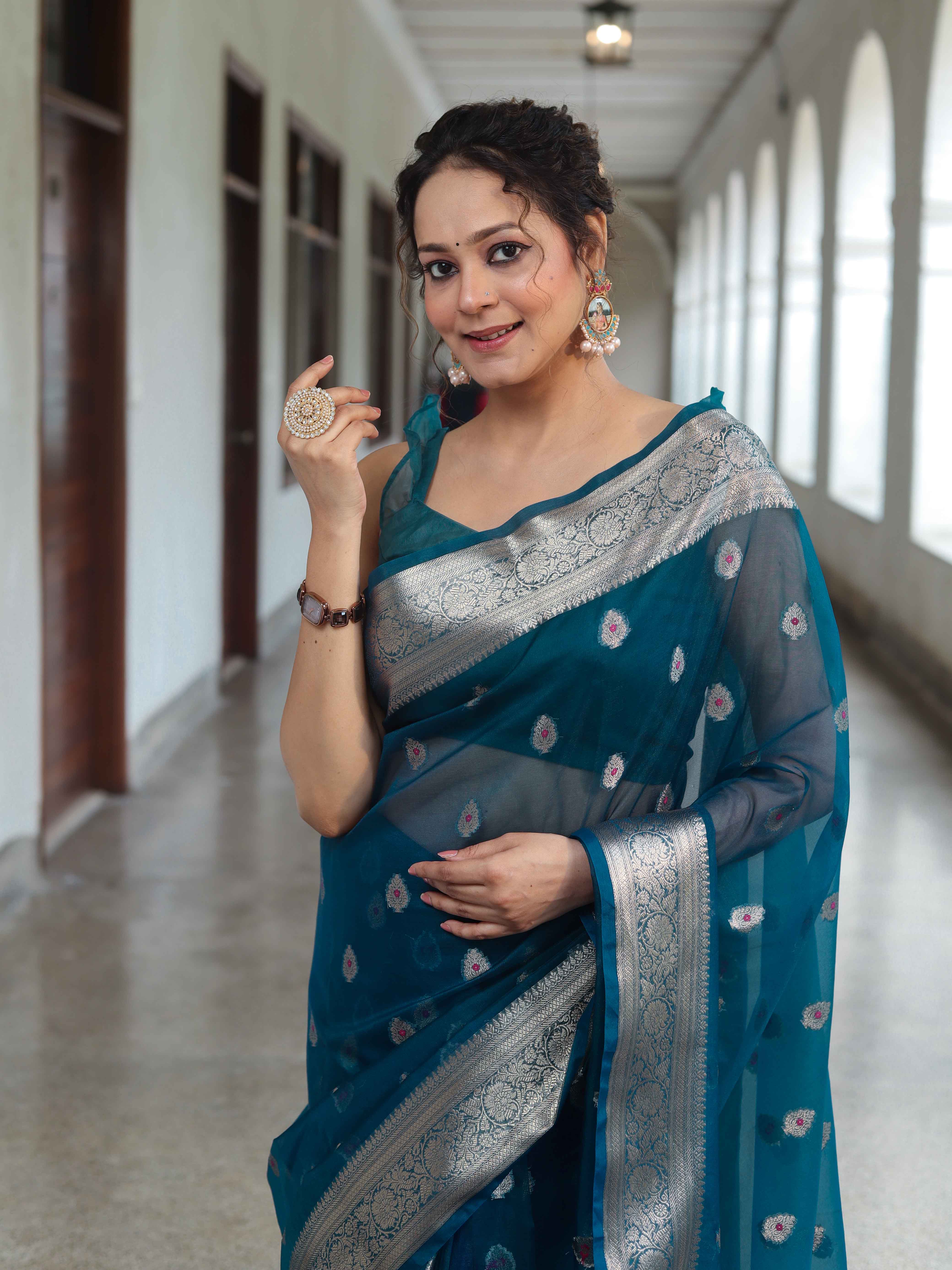 Banarasee Organza Mix Saree With Zari Buta Design & Floral Border-Cobalt Blue