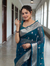 Banarasee Organza Mix Saree With Zari Buta Design & Floral Border-Cobalt Blue