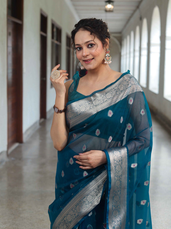 Banarasee Organza Mix Saree With Zari Buta Design & Floral Border-Cobalt Blue