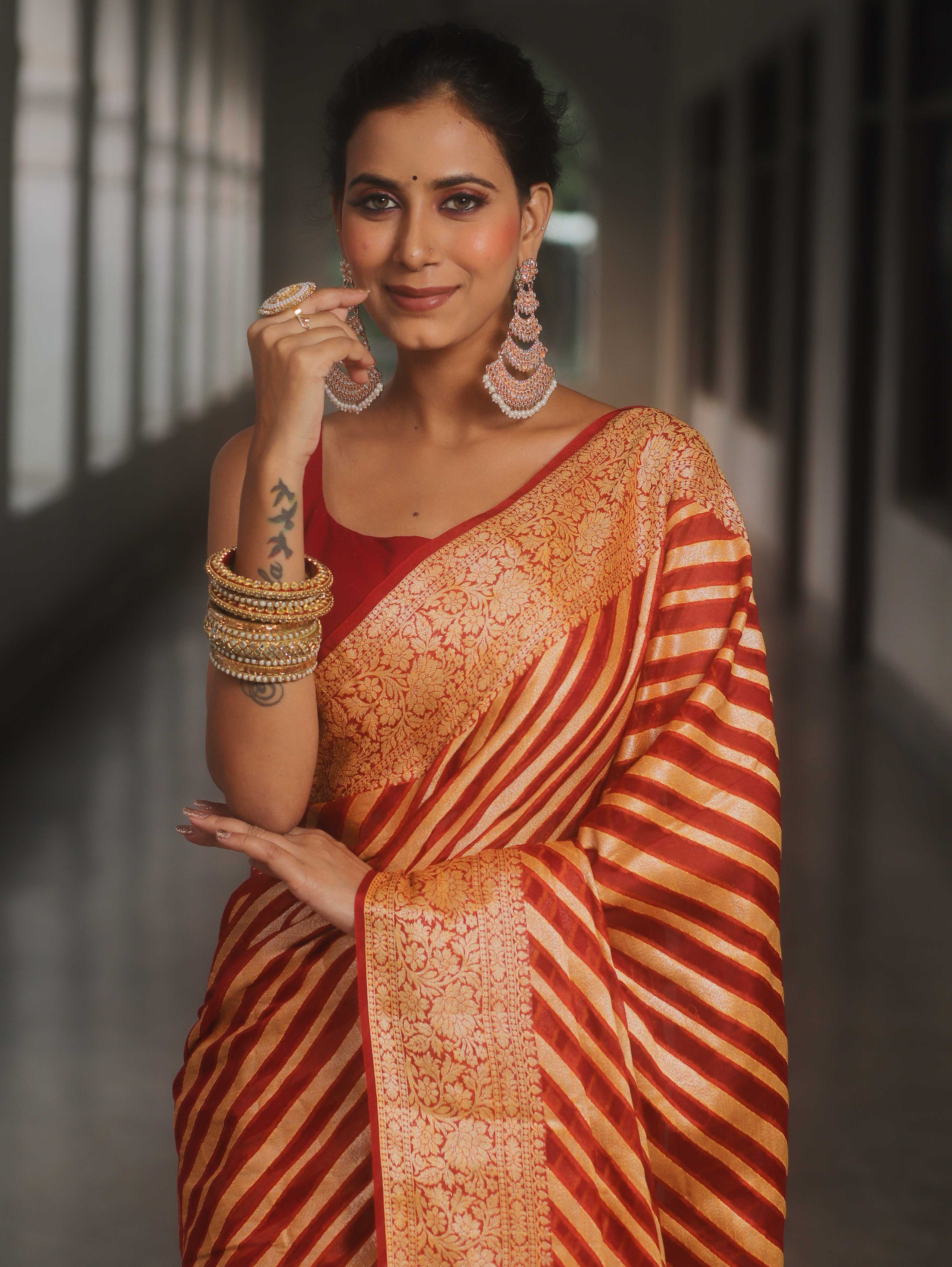 Banarasee Pure Chiffon Saree With Resham Zari Work-Maroon