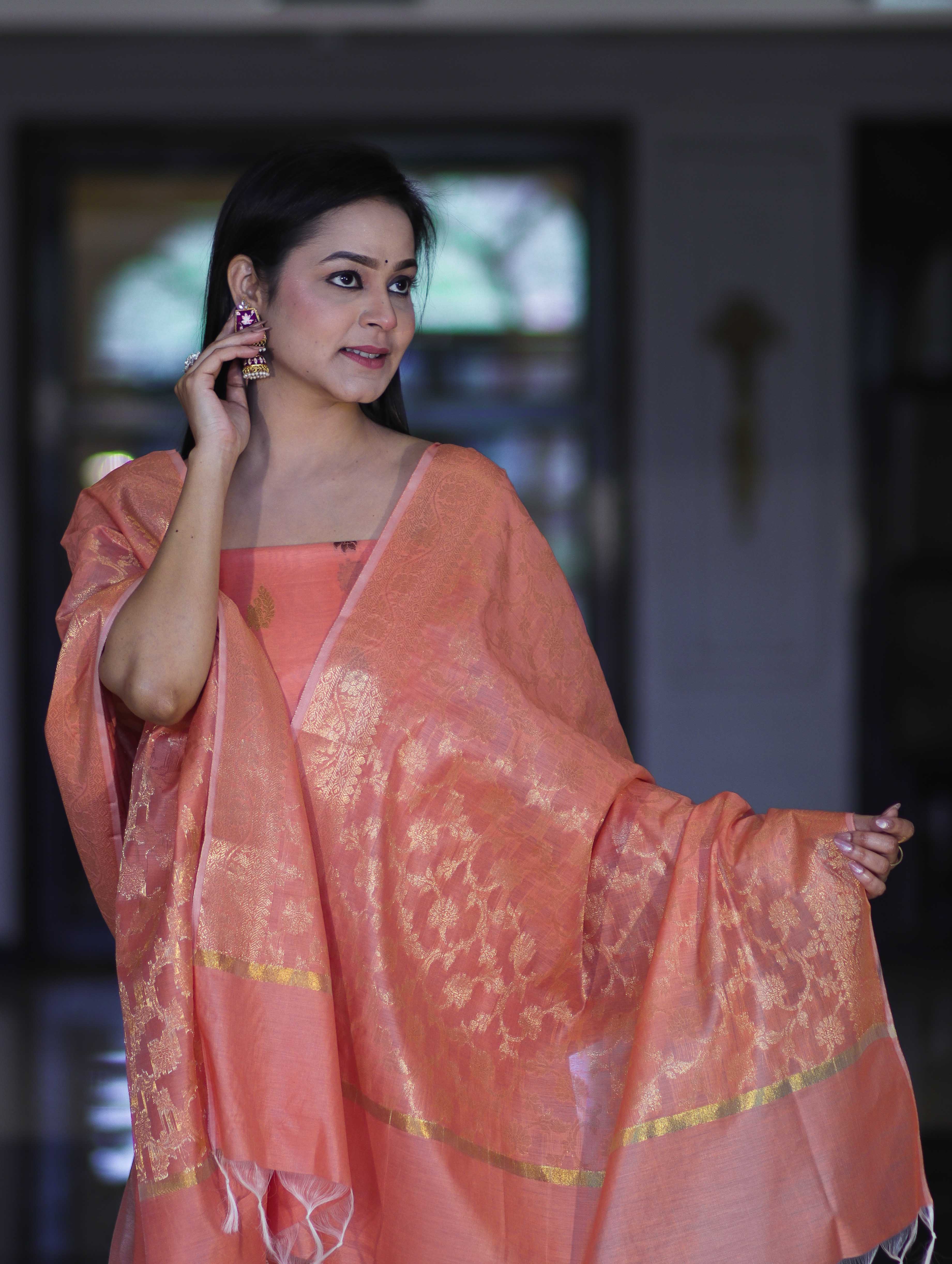 Banarasee Cotton Silk Salwar Kameez Fabric With Zari Jaal Design Dupatta Set-Peach