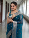 Banarasee Organza Mix Saree With Zari Buta Design & Floral Border-Cobalt Blue