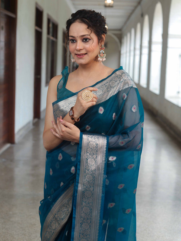 Banarasee Organza Mix Saree With Zari Buta Design & Floral Border-Cobalt Blue