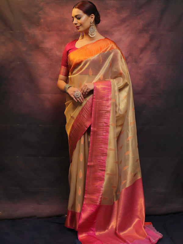 Banarasee Handwoven Broad Contrast Border Tissue Saree-Gold