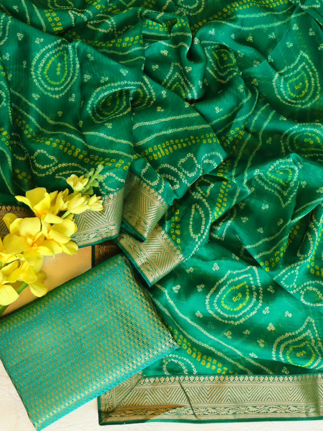 Banarasee Chiffon Bandhani Print Saree With Gold Zari Lace Border-Green