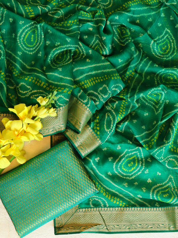 Banarasee Chiffon Bandhani Print Saree With Gold Zari Lace Border-Green