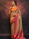 Banarasee Handwoven Broad Contrast Border Tissue Saree-Gold