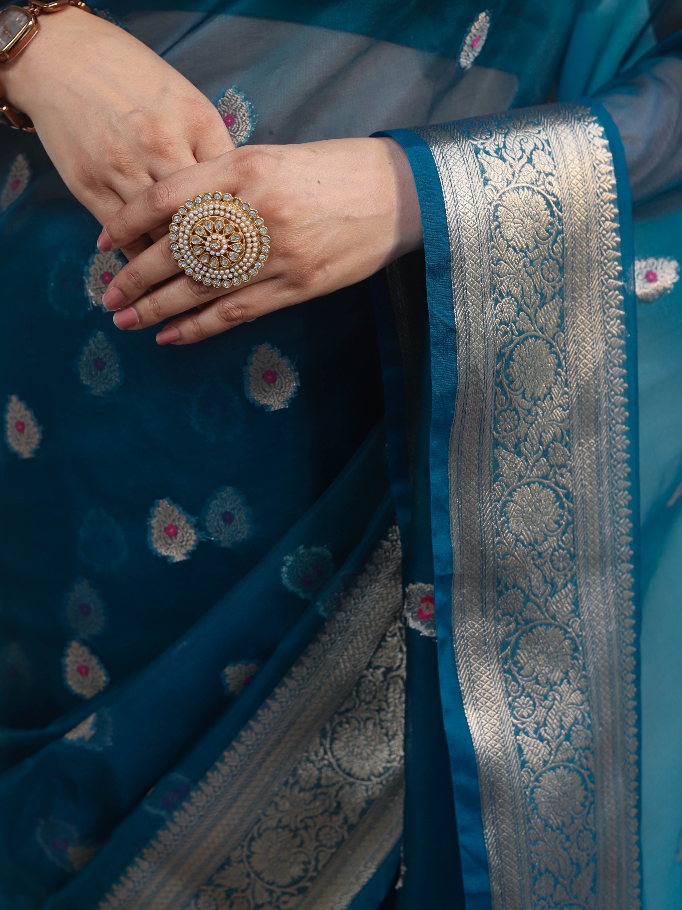 Banarasee Organza Mix Saree With Zari Buta Design & Floral Border-Cobalt Blue