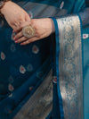 Banarasee Organza Mix Saree With Zari Buta Design & Floral Border-Cobalt Blue
