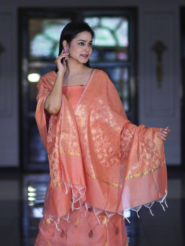 Banarasee Cotton Silk Salwar Kameez Fabric With Zari Jaal Design Dupatta Set-Peach