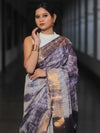 Bhagalpur Cotton Silk Ghichha Work Hand-Dyed Shibori Pattern Saree-White & Violet