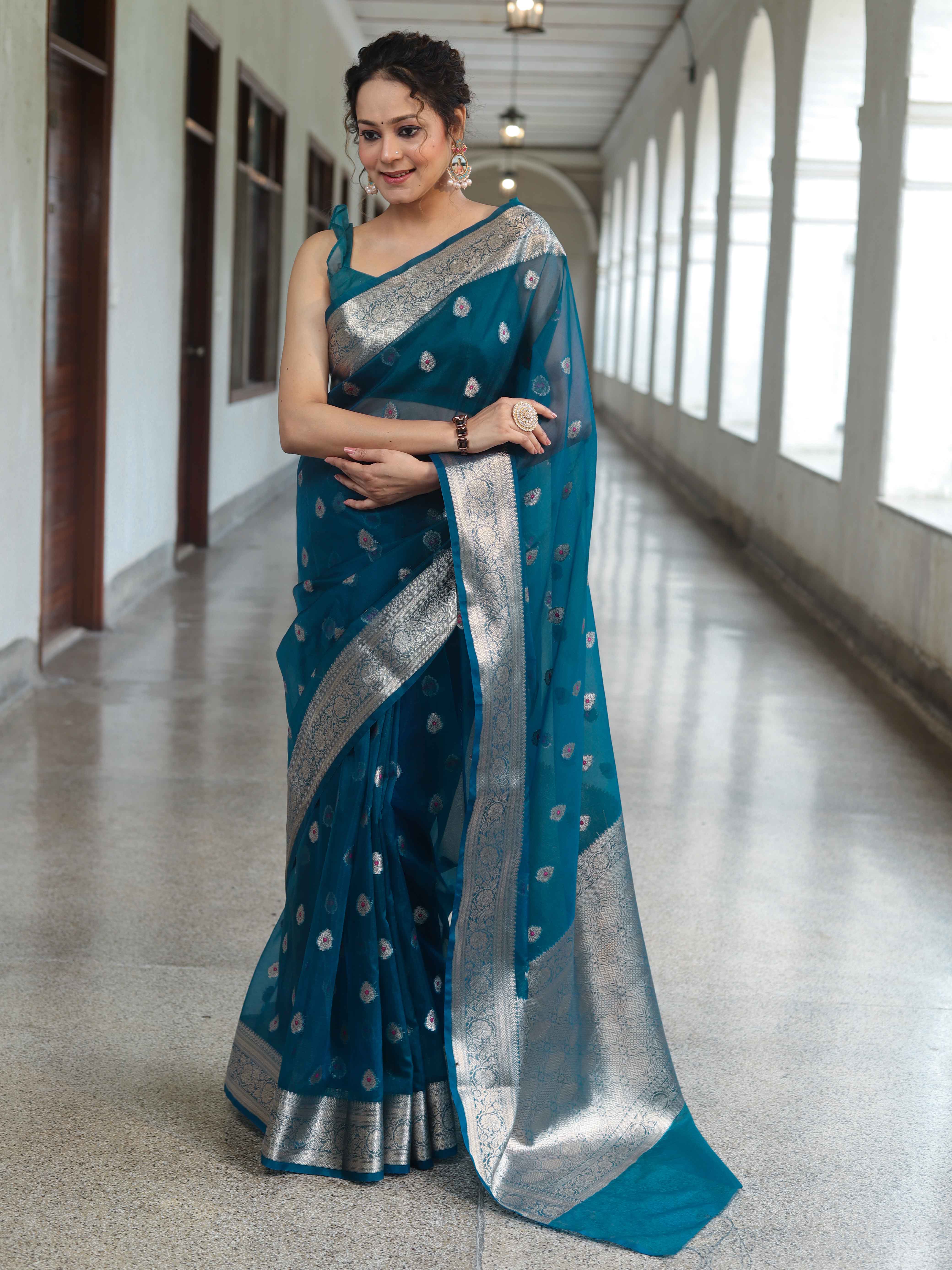 Banarasee Organza Mix Saree With Zari Buta Design & Floral Border-Cobalt Blue
