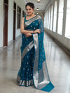 Banarasee Organza Mix Saree With Zari Buta Design & Floral Border-Cobalt Blue