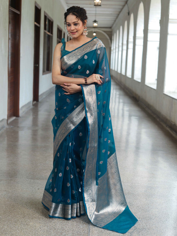 Banarasee Organza Mix Saree With Zari Buta Design & Floral Border-Cobalt Blue