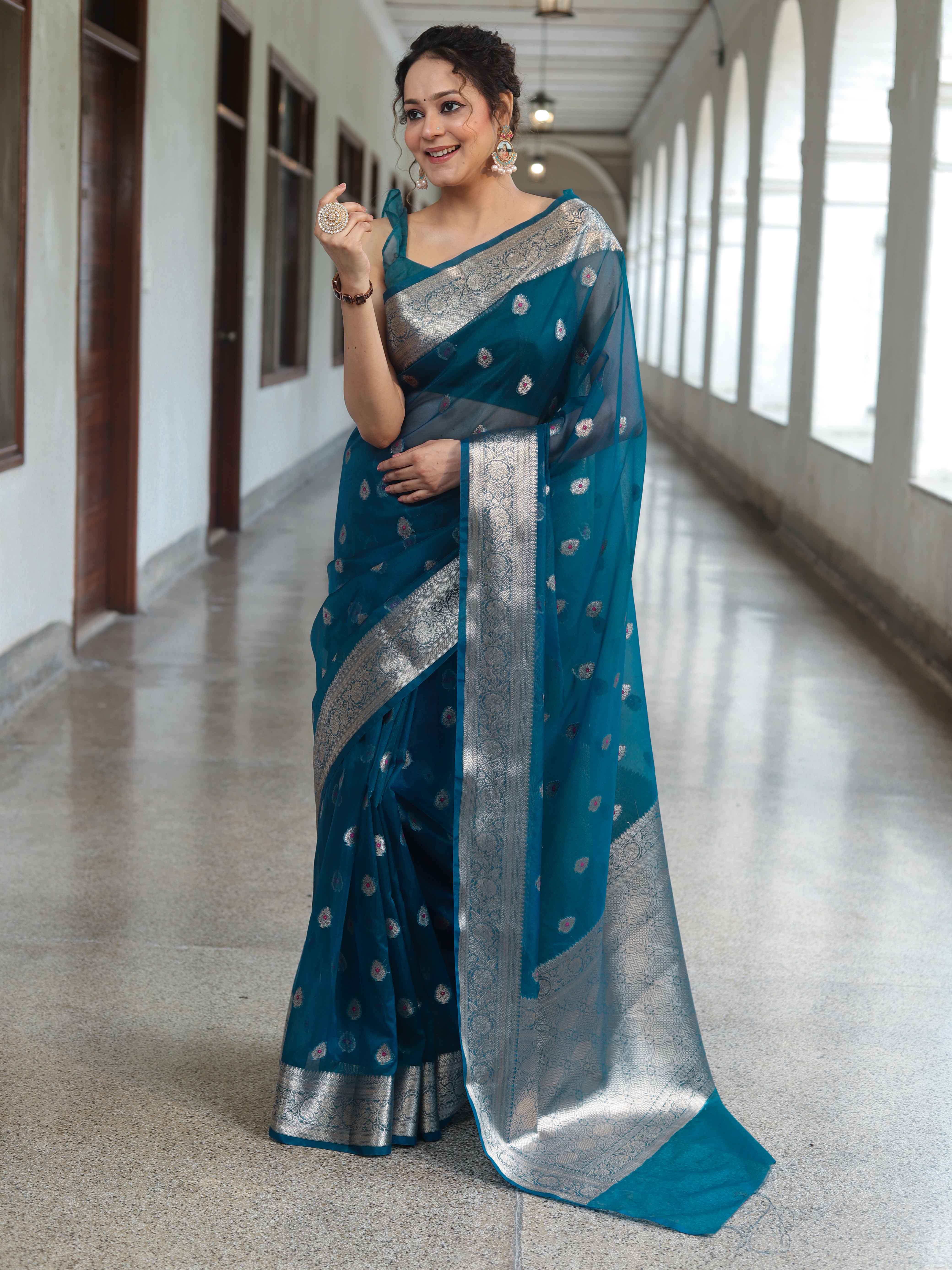 Banarasee Organza Mix Saree With Zari Buta Design & Floral Border-Cobalt Blue