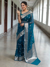 Banarasee Organza Mix Saree With Zari Buta Design & Floral Border-Cobalt Blue