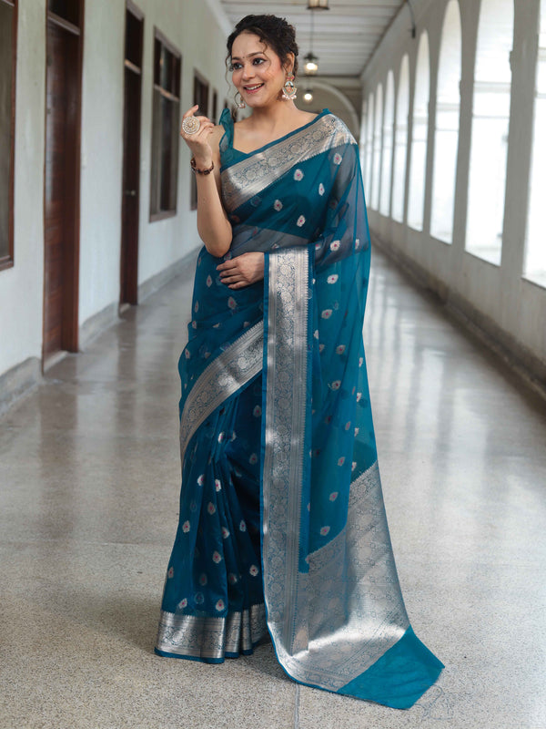 Banarasee Organza Mix Saree With Zari Buta Design & Floral Border-Cobalt Blue