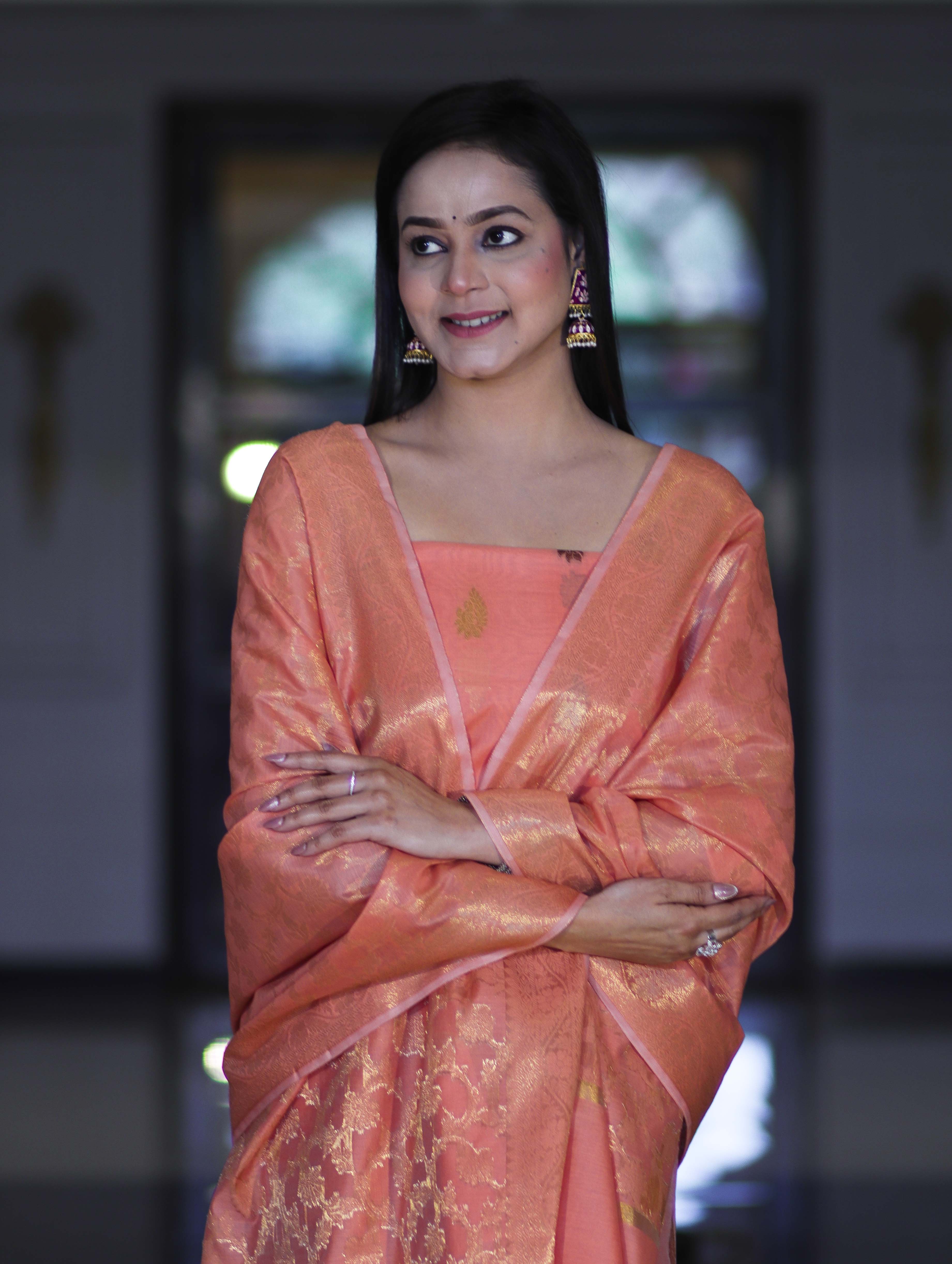 Banarasee Cotton Silk Salwar Kameez Fabric With Zari Jaal Design Dupatta Set-Peach
