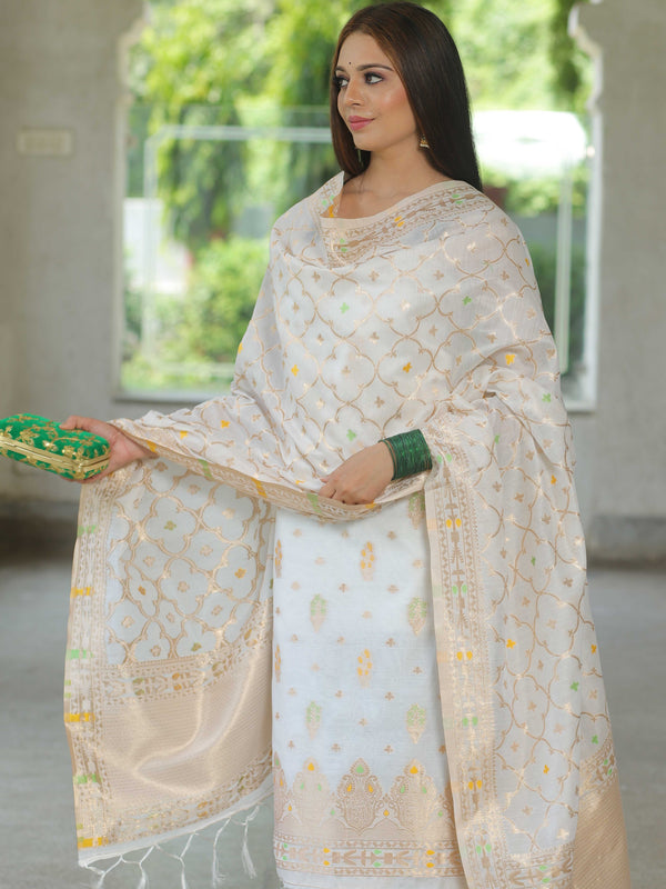 Banarasee Handloom Chanderi Salwar Kameez Fabric With Meena & Zari Design-White