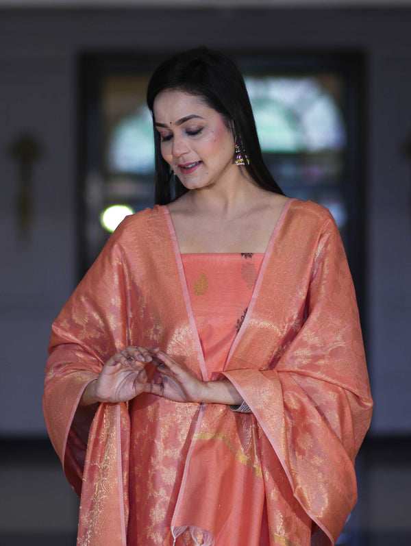 Banarasee Cotton Silk Salwar Kameez Fabric With Zari Jaal Design Dupatta Set-Peach