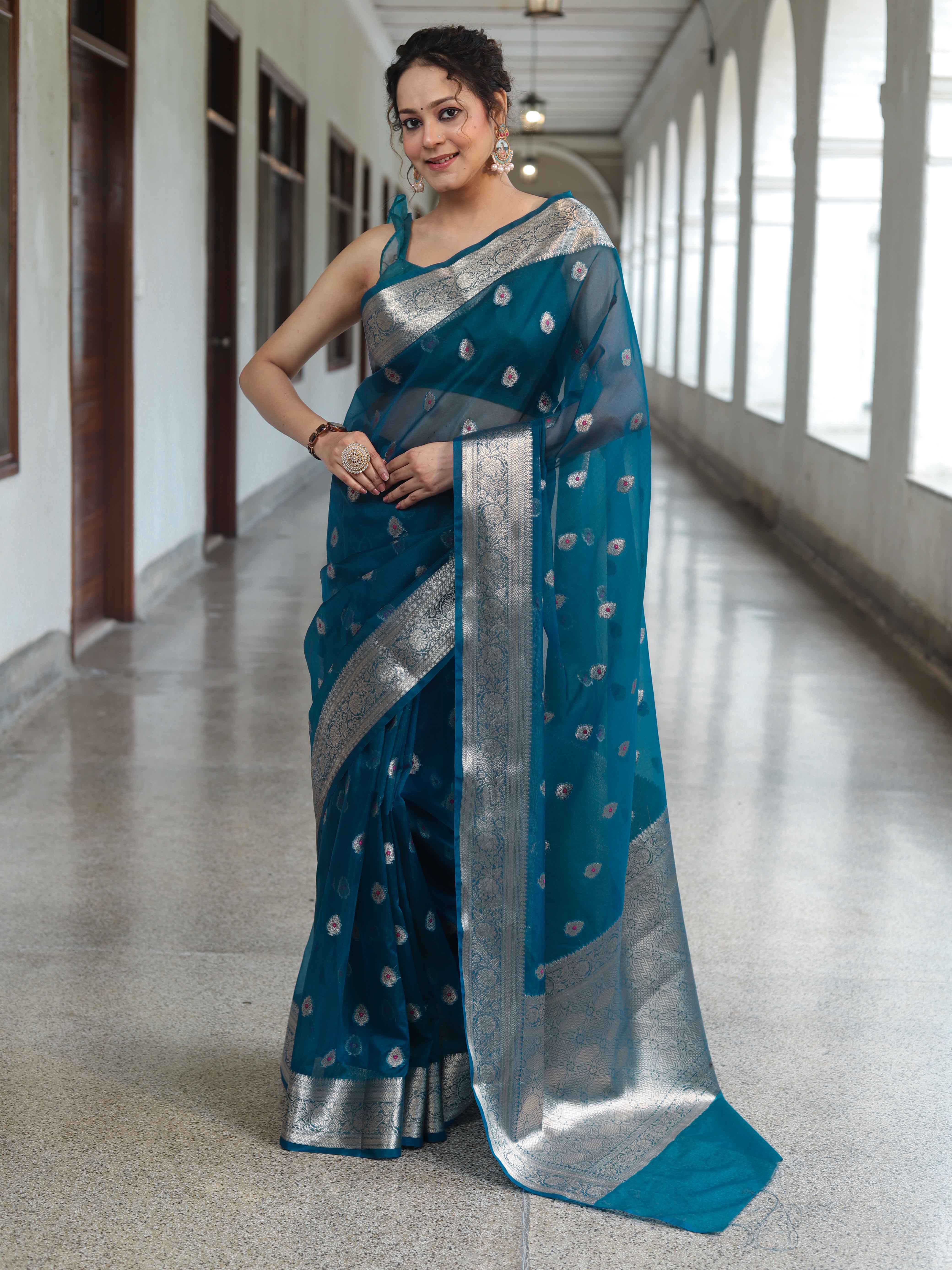 Banarasee Organza Mix Saree With Zari Buta Design & Floral Border-Cobalt Blue