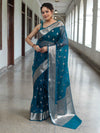 Banarasee Organza Mix Saree With Zari Buta Design & Floral Border-Cobalt Blue
