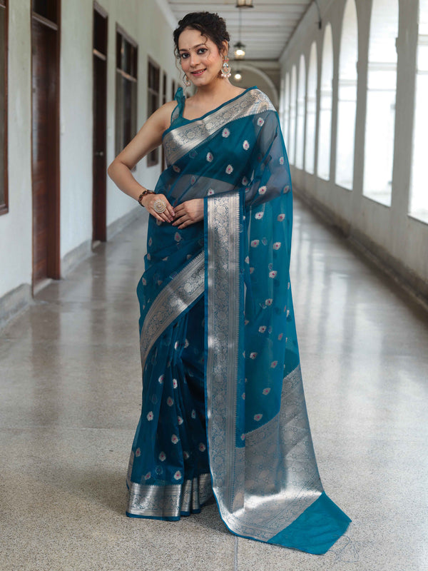 Banarasee Organza Mix Saree With Zari Buta Design & Floral Border-Cobalt Blue