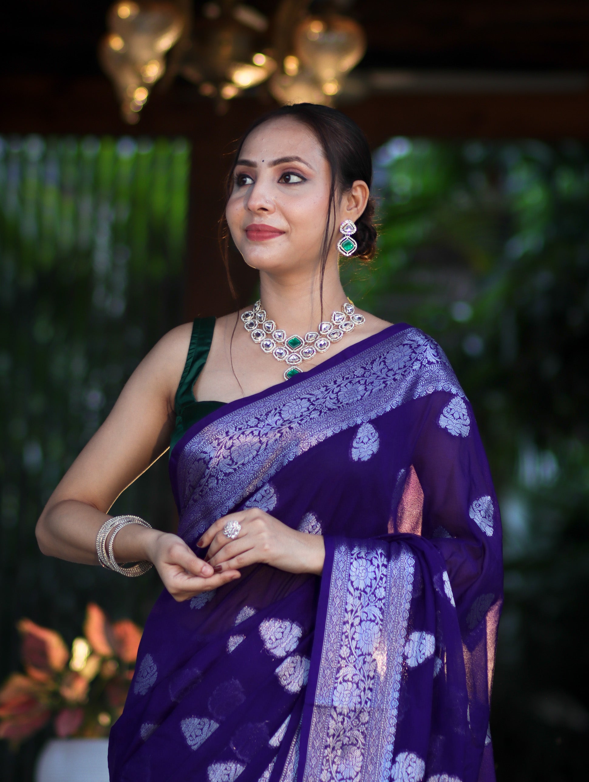 Banarasee Semi Chiffon Saree With Silver Zari Work & Contrast Blouse-Violet