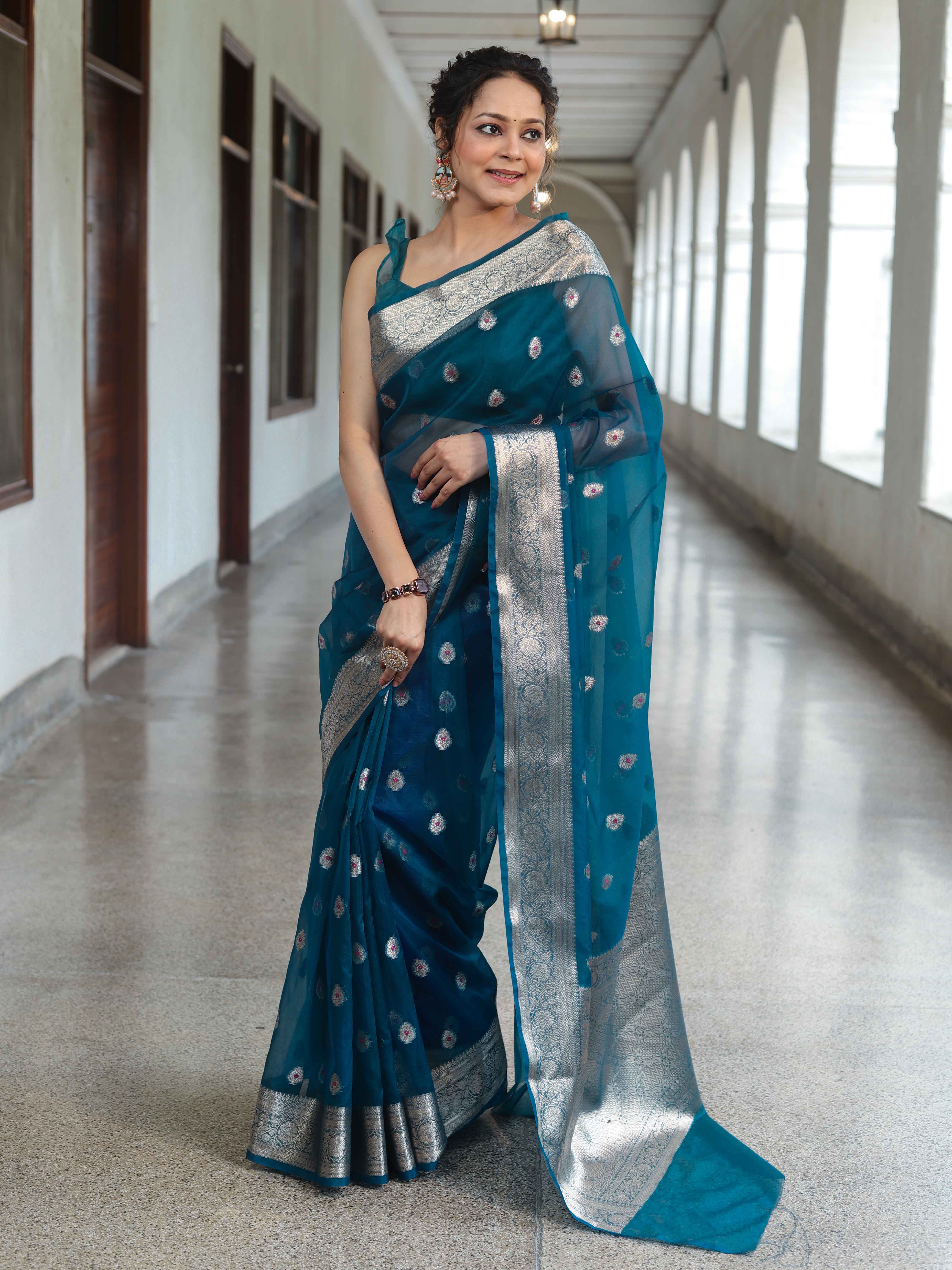 Banarasee Organza Mix Saree With Zari Buta Design & Floral Border-Cobalt Blue
