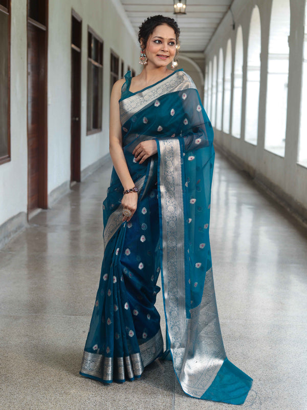 Banarasee Organza Mix Saree With Zari Buta Design & Floral Border-Teal Blue