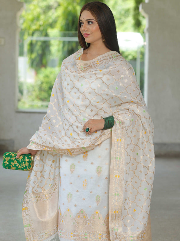 Be classic in this beautiful Banarasee Cotton Silk Zari Work Salwar Kameez  With Hand-Painted Dupatta in yellow and white. Perfect for any... |  Instagram
